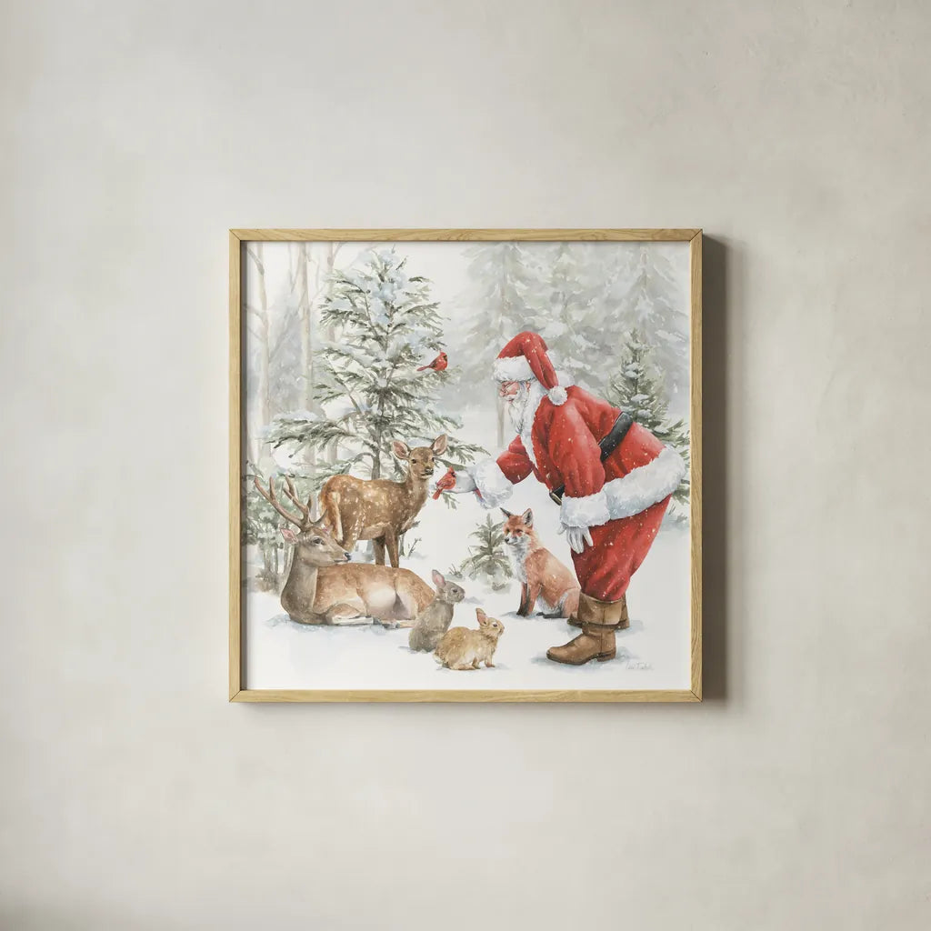 Woodland Santa V by Leslie Trimbach. Shown in a natural wood glass frame for a timeless modern aesthetic. Available as an archival giclee rolled canvas, fine art paper, or poster print. SKU 92382a.