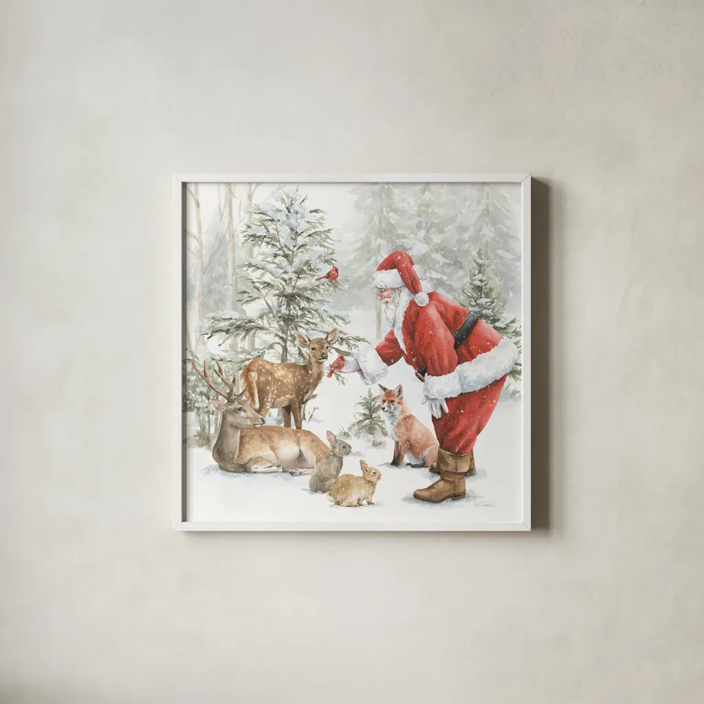 Woodland Santa V by Leslie Trimbach. Shown in a crisp white glass frame for a clean and minimalist style. Available as an archival giclee rolled canvas, fine art paper, or poster print. SKU 92382a.