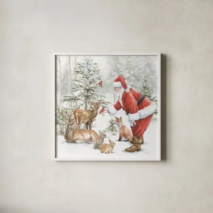 Woodland Santa V by Leslie Trimbach. Shown in a crisp white glass frame for a clean and minimalist style. Available as an archival giclee rolled canvas, fine art paper, or poster print. SKU 92382a.