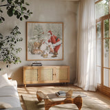 Woodland Santa V by Leslie Trimbach. Shown in a natural wood frame in a cozy modern living room. Available as an archival giclee rolled canvas, fine art paper, or poster print. SKU 92382a.