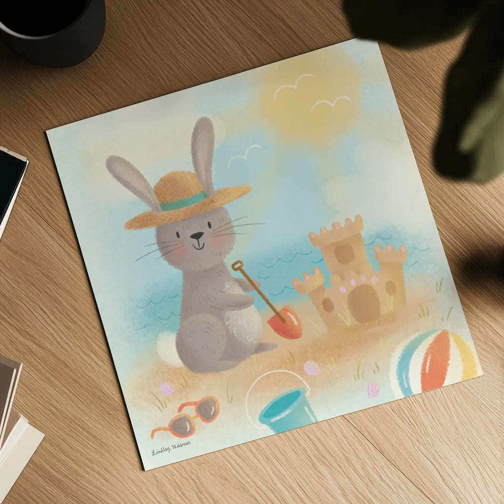 Beach Bunny by Lindley Wiesner. Shown as a detailed flat fine art print, highlighting archival giclee quality. Available as an archival giclee rolled canvas, fine art paper, or poster print. SKU 95973a.