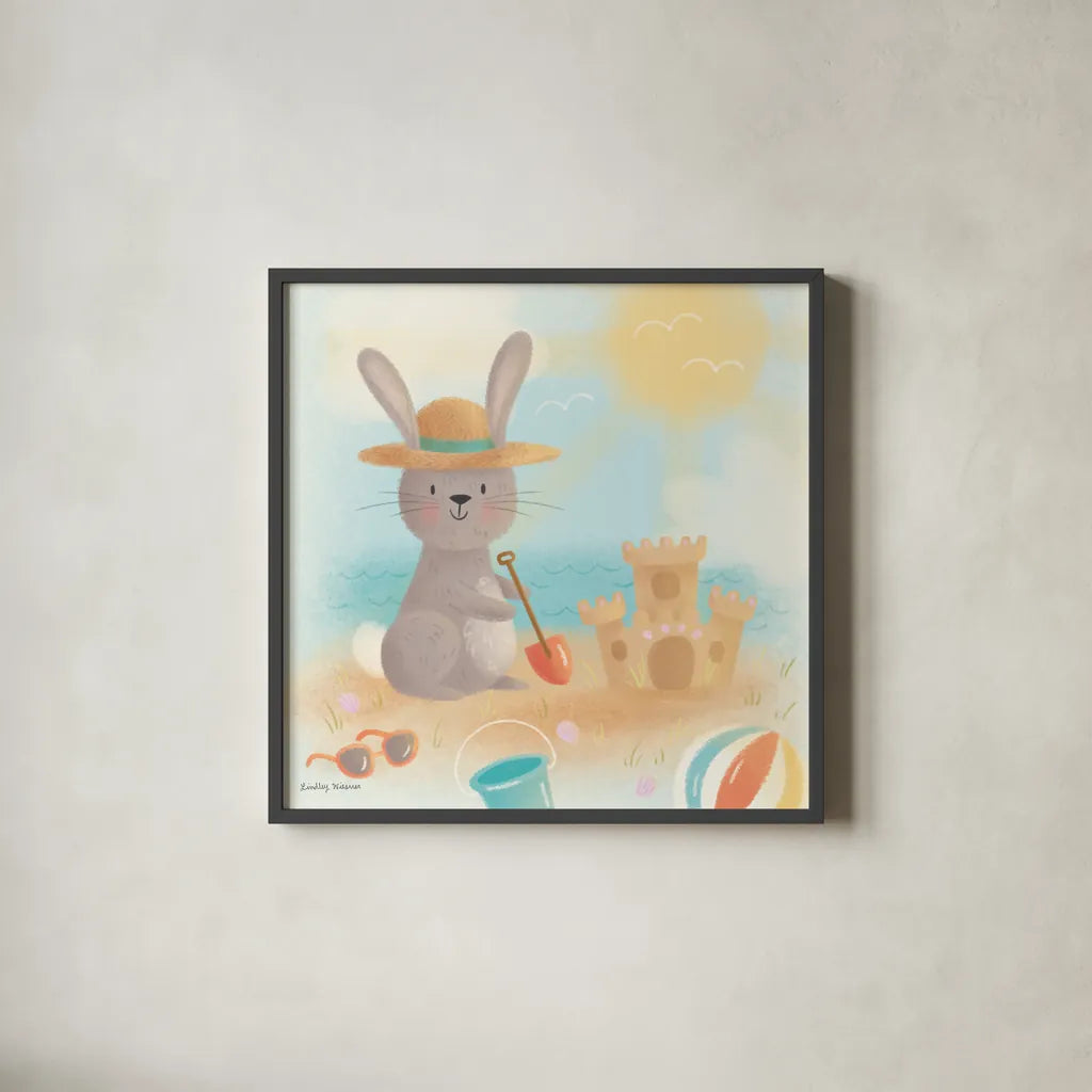 Beach Bunny by Lindley Wiesner. Shown in a sleek black glass frame for a contemporary gallery look. Available as an archival giclee rolled canvas, fine art paper, or poster print. SKU 95973a.
