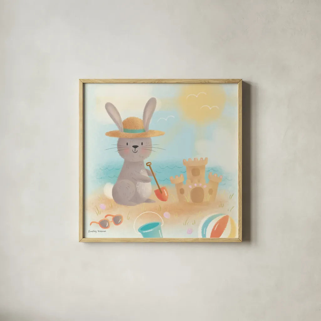 Beach Bunny by Lindley Wiesner. Shown in a natural wood glass frame for a timeless modern aesthetic. Available as an archival giclee rolled canvas, fine art paper, or poster print. SKU 95973a.