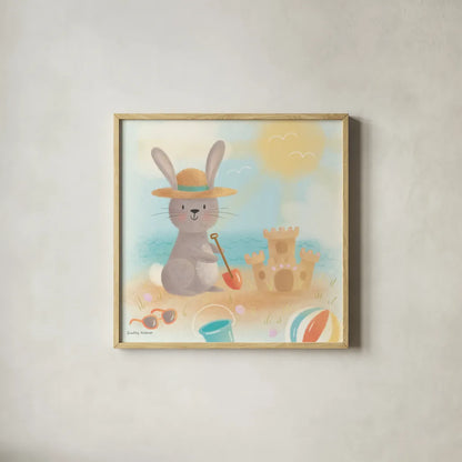 Beach Bunny by Lindley Wiesner. Shown in a natural wood glass frame for a timeless modern aesthetic. Available as an archival giclee rolled canvas, fine art paper, or poster print. SKU 95973a.
