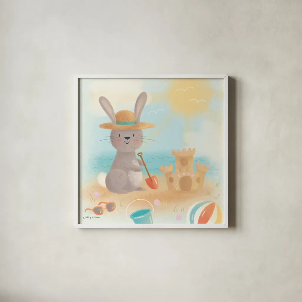 Beach Bunny by Lindley Wiesner. Shown in a crisp white glass frame for a clean and minimalist style. Available as an archival giclee rolled canvas, fine art paper, or poster print. SKU 95973a.
