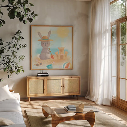 Beach Bunny by Lindley Wiesner. Shown in a natural wood frame in a cozy modern living room. Available as an archival giclee rolled canvas, fine art paper, or poster print. SKU 95973a.