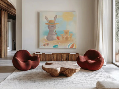 Beach Bunny by Lindley Wiesner. Shown as extra-large giant wall art in a modern living room. Available as an archival giclee rolled canvas, fine art paper, or poster print. SKU 95973a.