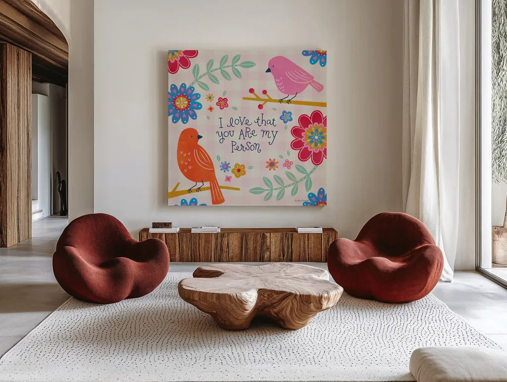 Bloom Bright II by Lindley Wiesner. Shown as extra-large giant wall art in a modern living room. Available as an archival giclee rolled canvas, fine art paper, or poster print. SKU 98692a.