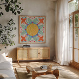 Bloom Bright III by Lindley Wiesner. Shown in a natural wood frame in a cozy modern living room. Available as an archival giclee rolled canvas, fine art paper, or poster print. SKU 98693a.