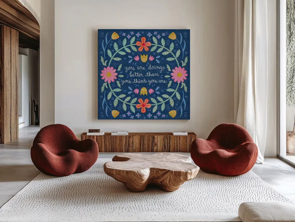 Bloom Bright IV by Lindley Wiesner. Shown as extra-large giant wall art in a modern living room. Available as an archival giclee rolled canvas, fine art paper, or poster print. SKU 98694a.