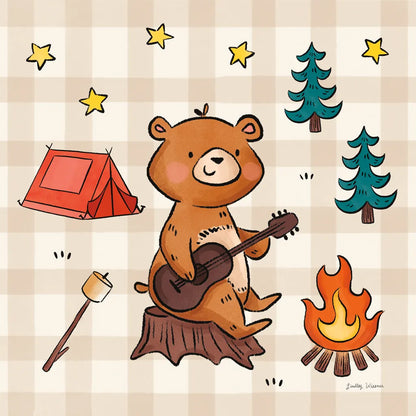 Camping Bears II by Lindley Wiesner. SKU 98370a. Archival Giclee Fine art print for wall decor.