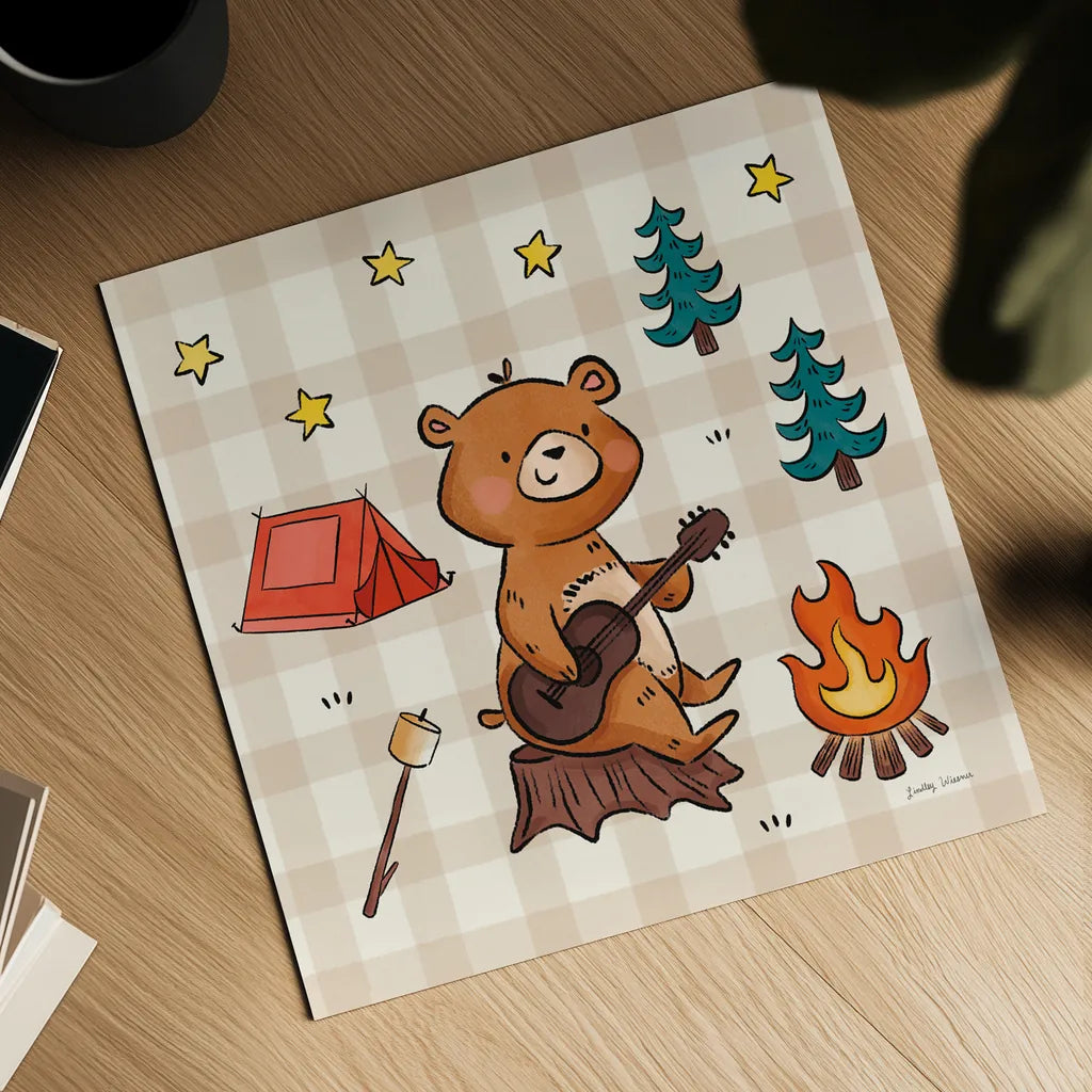 Camping Bears II by Lindley Wiesner. Shown as a detailed flat fine art print, highlighting archival giclee quality. Available as an archival giclee rolled canvas, fine art paper, or poster print. SKU 98370a.