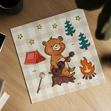 Camping Bears II by Lindley Wiesner. Shown as a detailed flat fine art print, highlighting archival giclee quality. Available as an archival giclee rolled canvas, fine art paper, or poster print. SKU 98370a.