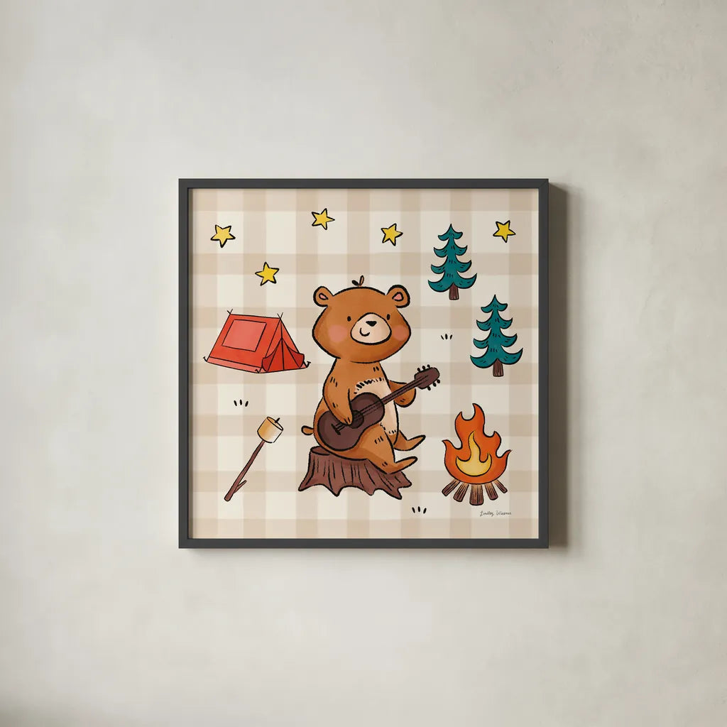 Camping Bears II by Lindley Wiesner. Shown in a sleek black glass frame for a contemporary gallery look. Available as an archival giclee rolled canvas, fine art paper, or poster print. SKU 98370a.