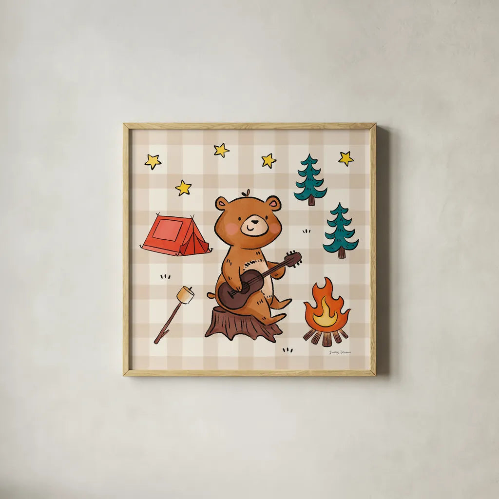 Camping Bears II by Lindley Wiesner. Shown in a natural wood glass frame for a timeless modern aesthetic. Available as an archival giclee rolled canvas, fine art paper, or poster print. SKU 98370a.