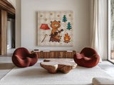 Camping Bears II by Lindley Wiesner. Shown as extra-large giant wall art in a modern living room. Available as an archival giclee rolled canvas, fine art paper, or poster print. SKU 98370a.