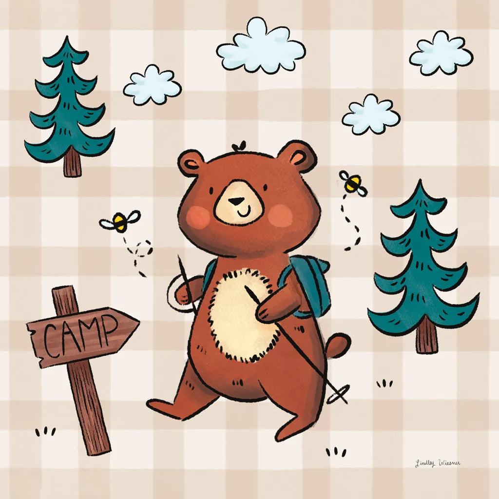 Camping Bears III by Lindley Wiesner. SKU 98371a. Archival Giclee Fine art print for wall decor.