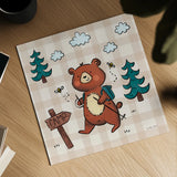 Camping Bears III by Lindley Wiesner. Shown as a detailed flat fine art print, highlighting archival giclee quality. Available as an archival giclee rolled canvas, fine art paper, or poster print. SKU 98371a.