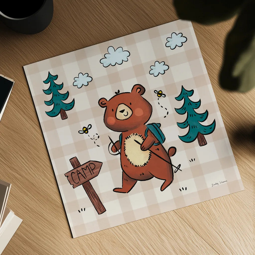 Camping Bears III by Lindley Wiesner. Shown as a detailed flat fine art print, highlighting archival giclee quality. Available as an archival giclee rolled canvas, fine art paper, or poster print. SKU 98371a.