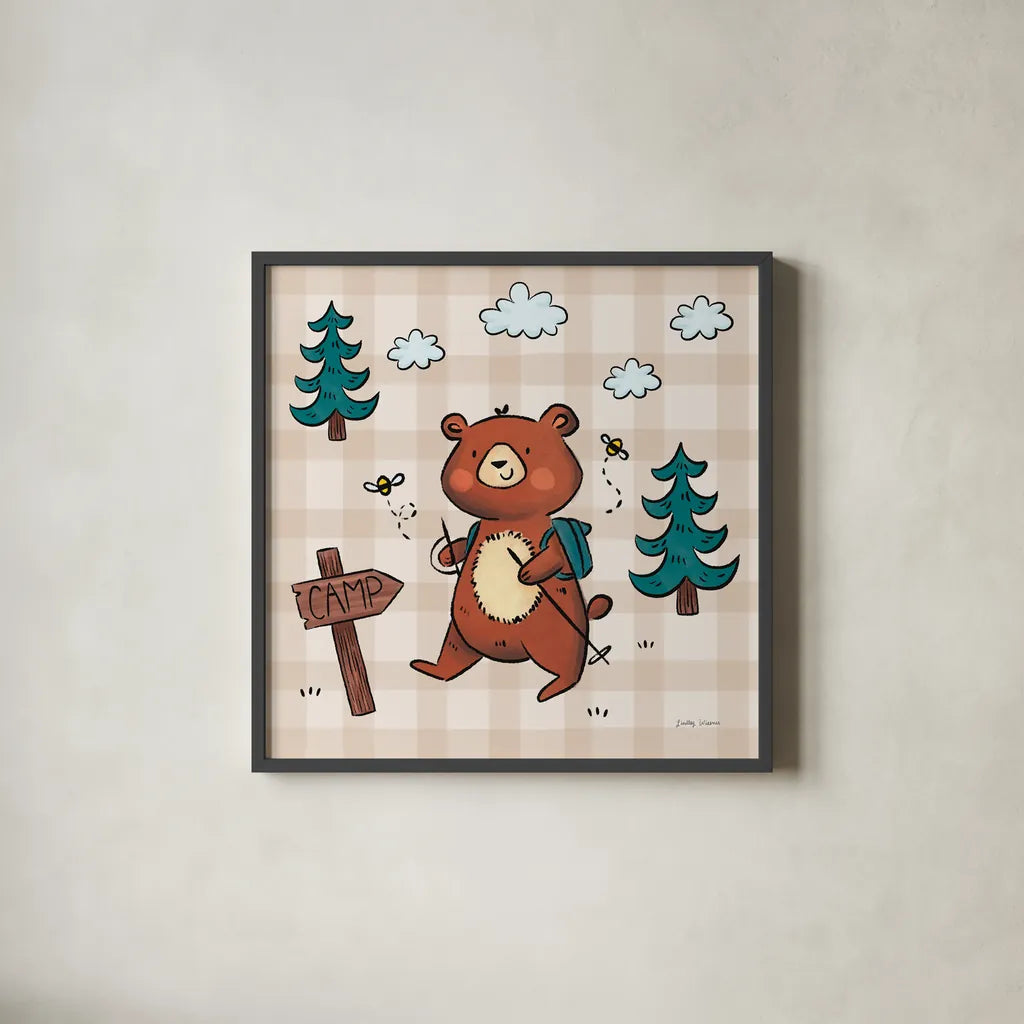 Camping Bears III by Lindley Wiesner. Shown in a sleek black glass frame for a contemporary gallery look. Available as an archival giclee rolled canvas, fine art paper, or poster print. SKU 98371a.