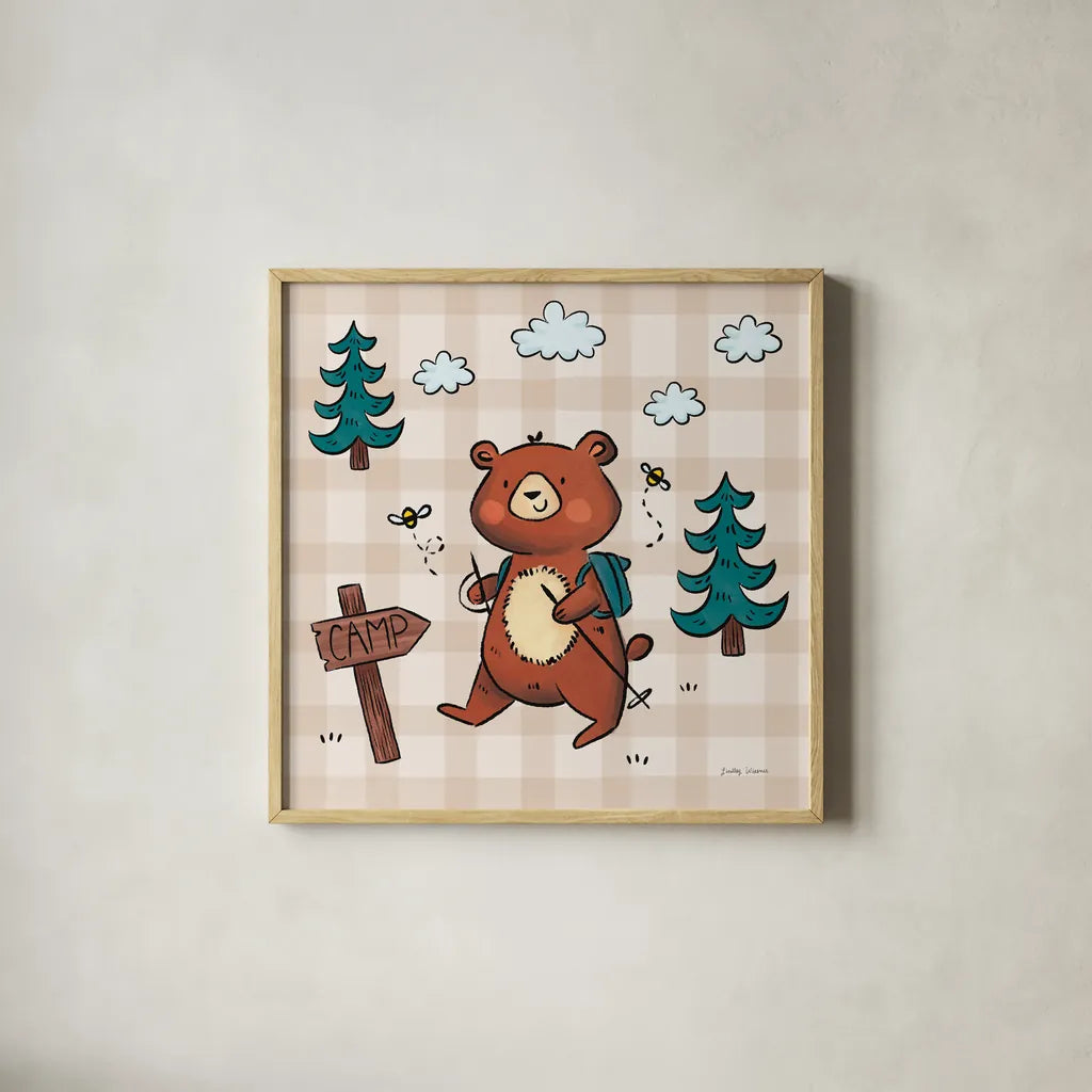 Camping Bears III by Lindley Wiesner. Shown in a natural wood glass frame for a timeless modern aesthetic. Available as an archival giclee rolled canvas, fine art paper, or poster print. SKU 98371a.