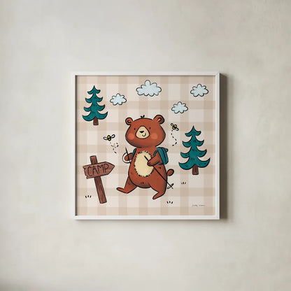 Camping Bears III by Lindley Wiesner. Shown in a crisp white glass frame for a clean and minimalist style. Available as an archival giclee rolled canvas, fine art paper, or poster print. SKU 98371a.