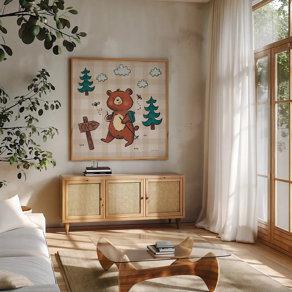 Camping Bears III by Lindley Wiesner. Shown in a natural wood frame in a cozy modern living room. Available as an archival giclee rolled canvas, fine art paper, or poster print. SKU 98371a.