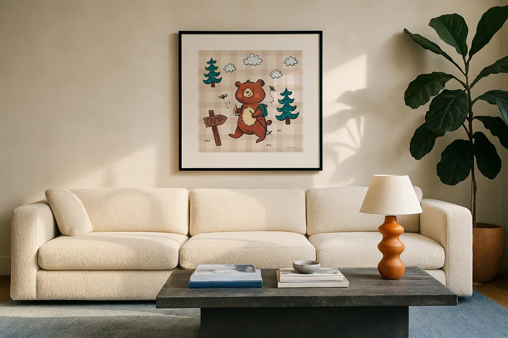 Camping Bears III by Lindley Wiesner. Displayed in a glass frame with matte in a clean modern living room. Available as an archival giclee rolled canvas, fine art paper, or poster print. SKU 98371a.