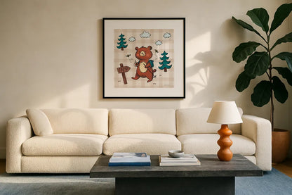 Camping Bears III by Lindley Wiesner. Displayed in a glass frame with matte in a clean modern living room. Available as an archival giclee rolled canvas, fine art paper, or poster print. SKU 98371a.