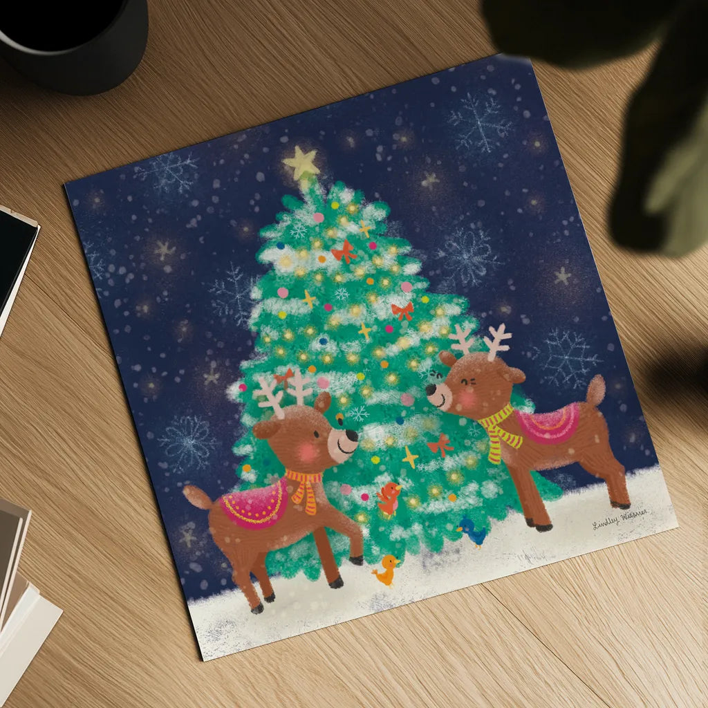 Christmas Reindeer by Lindley Wiesner. Shown as a detailed flat fine art print, highlighting archival giclee quality. Available as an archival giclee rolled canvas, fine art paper, or poster print. SKU 95977a.