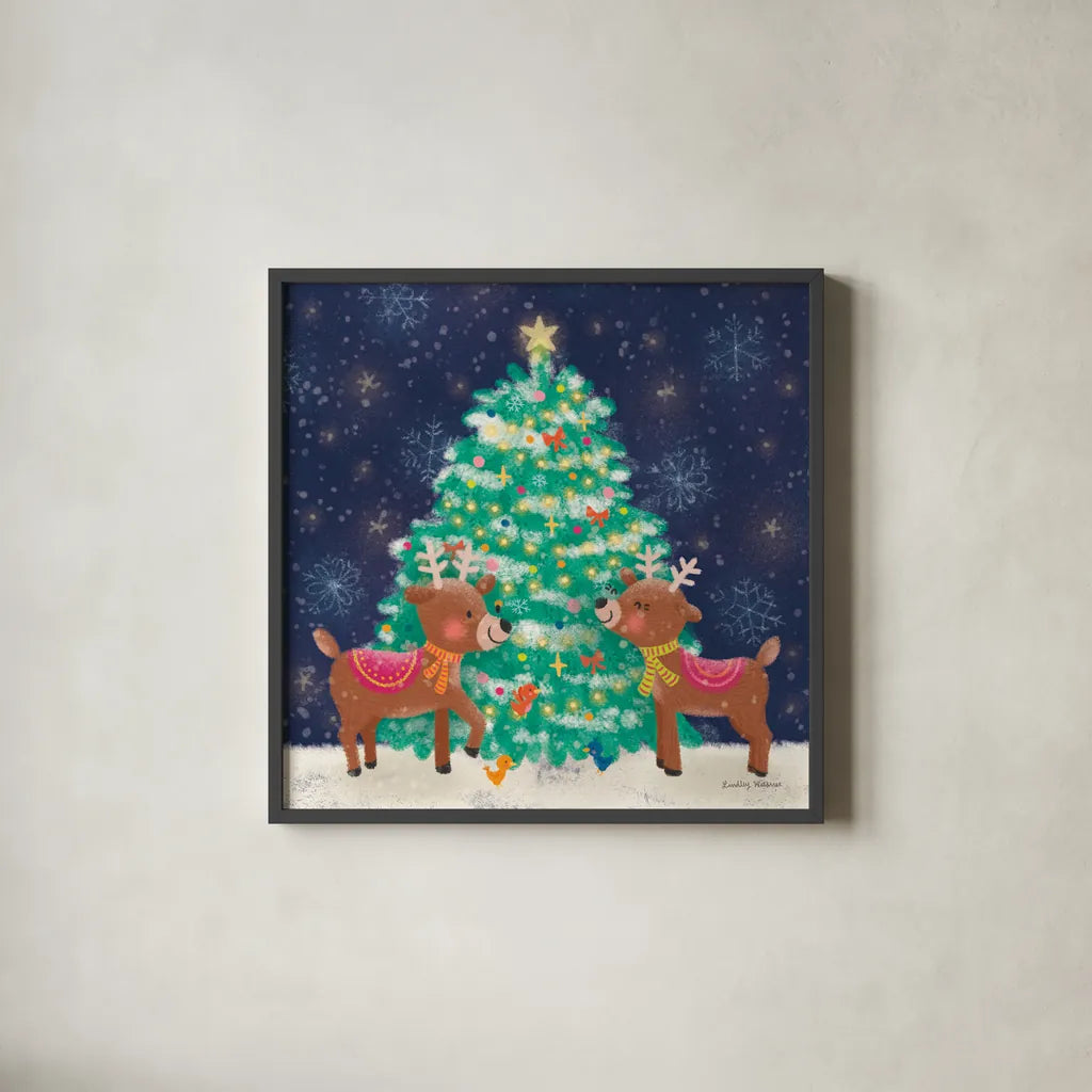 Christmas Reindeer by Lindley Wiesner. Shown in a sleek black glass frame for a contemporary gallery look. Available as an archival giclee rolled canvas, fine art paper, or poster print. SKU 95977a.