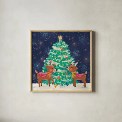 Christmas Reindeer by Lindley Wiesner. Shown in a natural wood glass frame for a timeless modern aesthetic. Available as an archival giclee rolled canvas, fine art paper, or poster print. SKU 95977a.