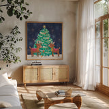 Christmas Reindeer by Lindley Wiesner. Shown in a natural wood frame in a cozy modern living room. Available as an archival giclee rolled canvas, fine art paper, or poster print. SKU 95977a.
