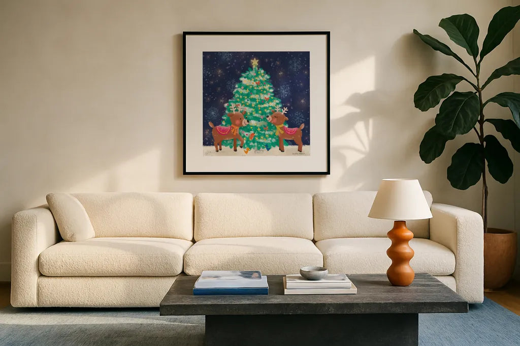Christmas Reindeer by Lindley Wiesner. Displayed in a glass frame with matte in a clean modern living room. Available as an archival giclee rolled canvas, fine art paper, or poster print. SKU 95977a.