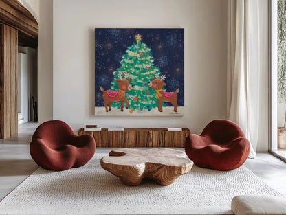 Christmas Reindeer by Lindley Wiesner. Shown as extra-large giant wall art in a modern living room. Available as an archival giclee rolled canvas, fine art paper, or poster print. SKU 95977a.