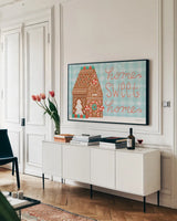 Christmas Treats I by Lindley Wiesner. shown as a framed stretched canvas in a living room above a console. Available as a archival giclee rolled canvas, fine art paper, or poster print. SKU 95839i.