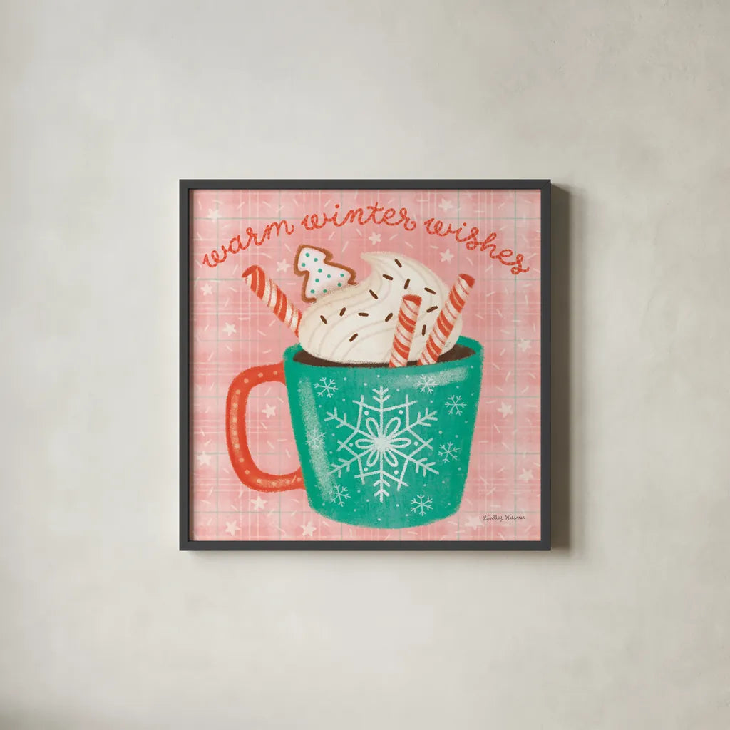Christmas Treats II by Lindley Wiesner. Shown in a sleek black glass frame for a contemporary gallery look. Available as an archival giclee rolled canvas, fine art paper, or poster print. SKU 95840a.