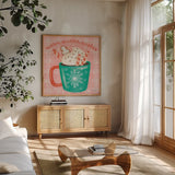 Christmas Treats II by Lindley Wiesner. Shown in a natural wood frame in a cozy modern living room. Available as an archival giclee rolled canvas, fine art paper, or poster print. SKU 95840a.