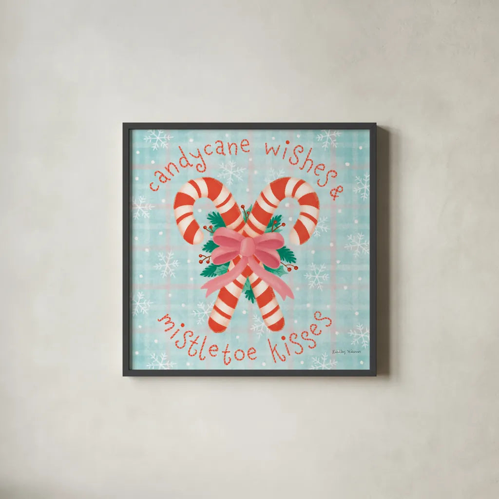 Christmas Treats III by Lindley Wiesner. Shown in a sleek black glass frame for a contemporary gallery look. Available as an archival giclee rolled canvas, fine art paper, or poster print. SKU 95841a.