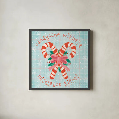 Christmas Treats III by Lindley Wiesner. Shown in a sleek black glass frame for a contemporary gallery look. Available as an archival giclee rolled canvas, fine art paper, or poster print. SKU 95841a.