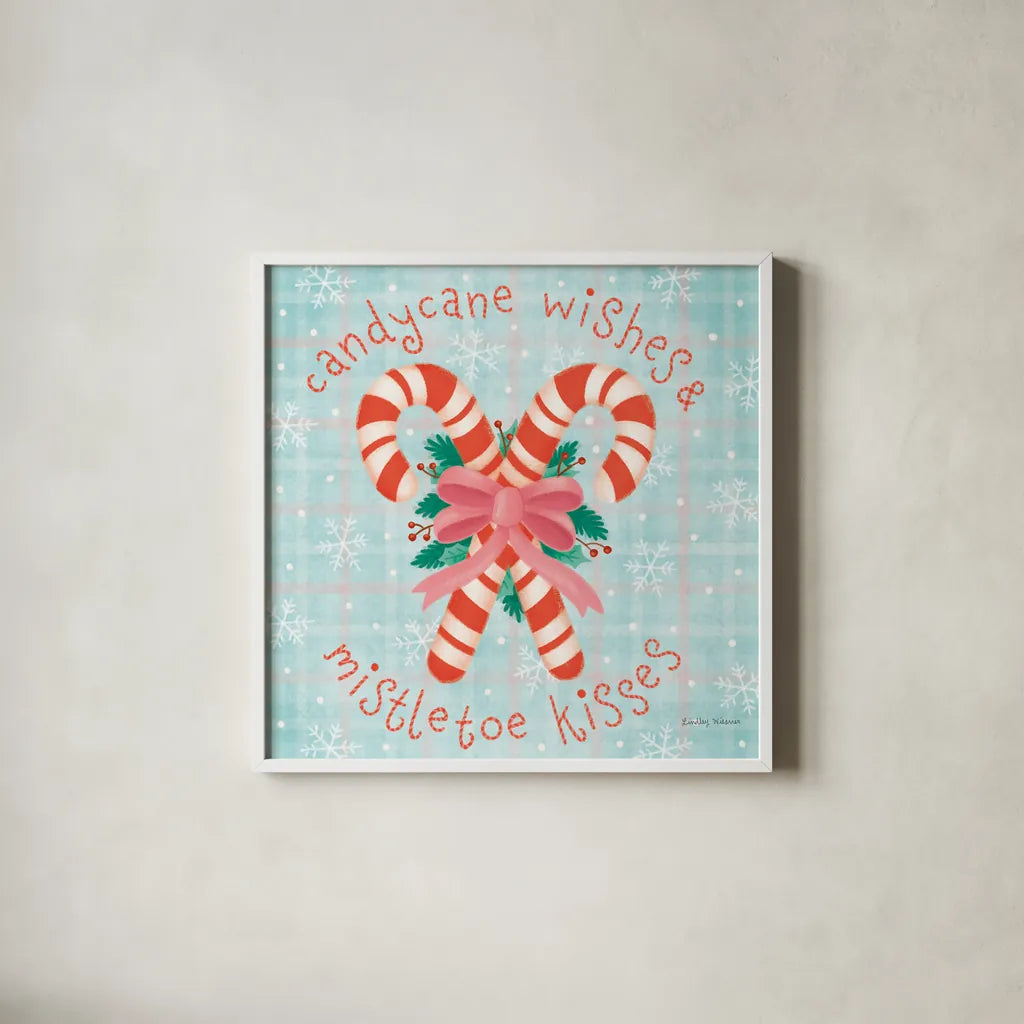 Christmas Treats III by Lindley Wiesner. Shown in a crisp white glass frame for a clean and minimalist style. Available as an archival giclee rolled canvas, fine art paper, or poster print. SKU 95841a.