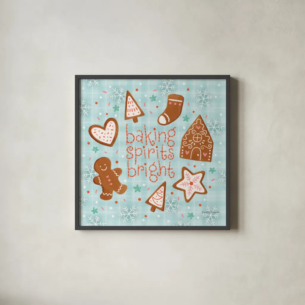 Christmas Treats IV by Lindley Wiesner. Shown in a sleek black glass frame for a contemporary gallery look. Available as an archival giclee rolled canvas, fine art paper, or poster print. SKU 95842a.