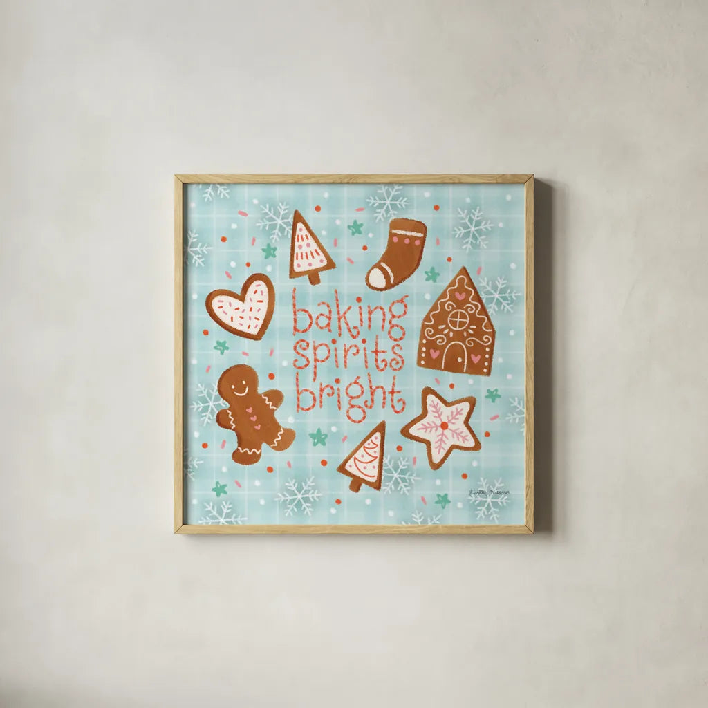 Christmas Treats IV by Lindley Wiesner. Shown in a natural wood glass frame for a timeless modern aesthetic. Available as an archival giclee rolled canvas, fine art paper, or poster print. SKU 95842a.