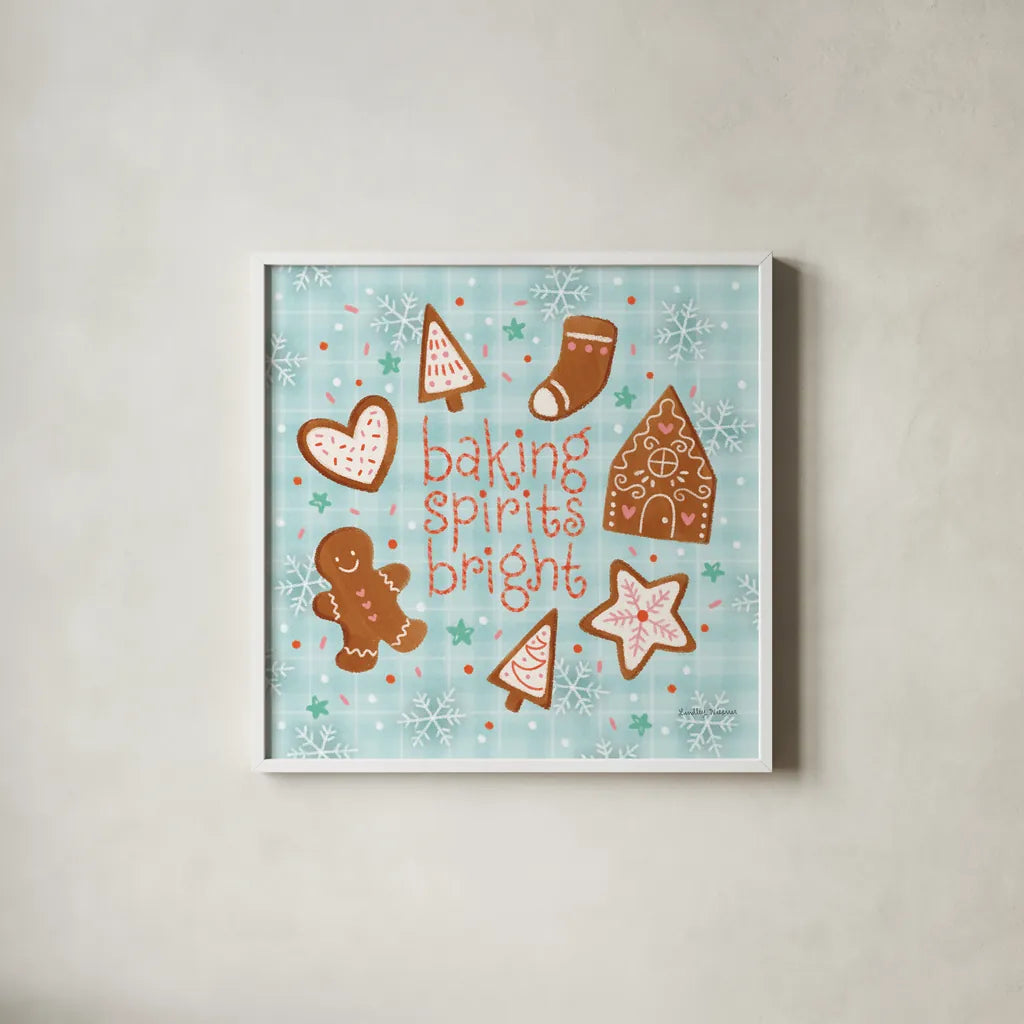 Christmas Treats IV by Lindley Wiesner. Shown in a crisp white glass frame for a clean and minimalist style. Available as an archival giclee rolled canvas, fine art paper, or poster print. SKU 95842a.