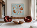 Christmas Treats IV by Lindley Wiesner. Shown as extra-large giant wall art in a modern living room. Available as an archival giclee rolled canvas, fine art paper, or poster print. SKU 95842a.