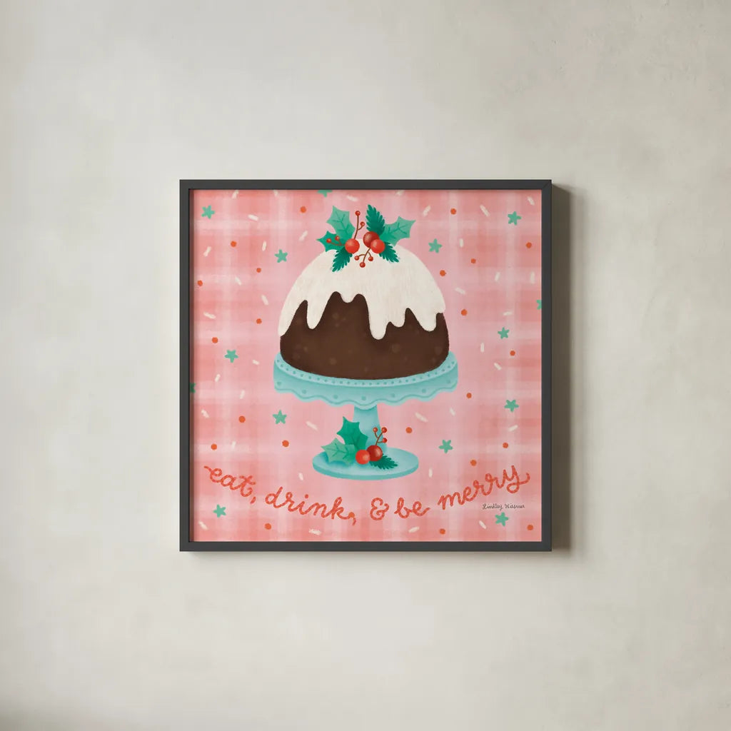 Christmas Treats V by Lindley Wiesner. Shown in a sleek black glass frame for a contemporary gallery look. Available as an archival giclee rolled canvas, fine art paper, or poster print. SKU 95843a.