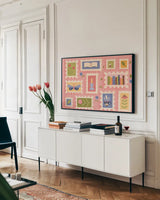 Cozy Readers Club I by Lindley Wiesner. shown as a framed stretched canvas in a living room above a console. Available as a archival giclee rolled canvas, fine art paper, or poster print. SKU 97928i.