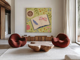 Cozy Readers Club II by Lindley Wiesner. Shown as extra-large giant wall art in a modern living room. Available as an archival giclee rolled canvas, fine art paper, or poster print. SKU 97929a.