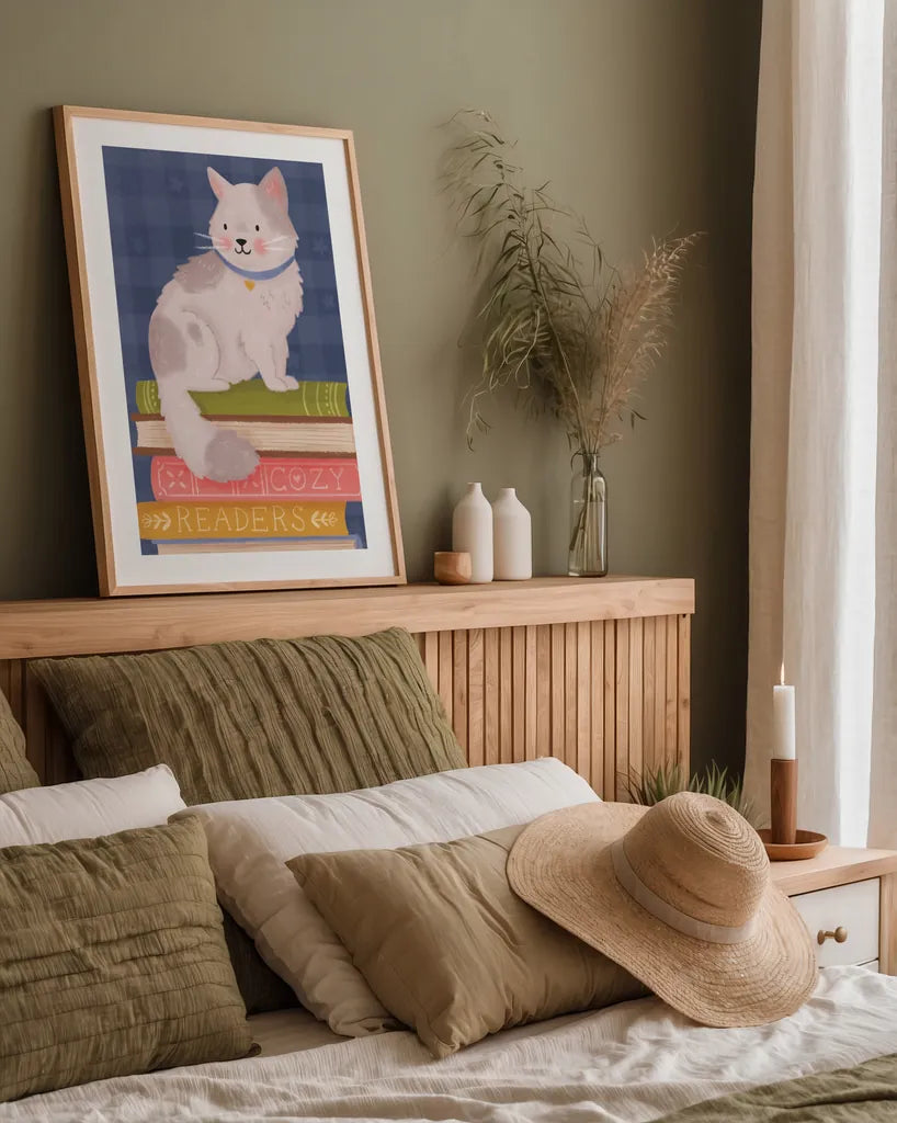 Cozy Readers Club IV by Lindley Wiesner. shown as a paper print in a natural frame. Available as a archival giclee rolled canvas, fine art paper, or poster print. SKU 97931h.