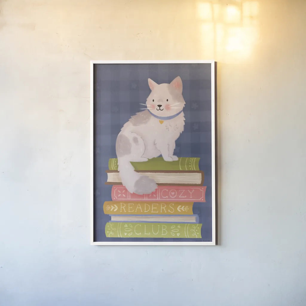 Cozy Readers Club IV by Lindley Wiesner. shown as a paper print in a white frame. Available as a archival giclee rolled canvas, fine art paper, or poster print. SKU 97931h.